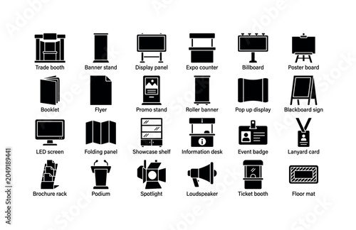 Expo Display Booths. Solid glyph icon set of exhibition trade show advertising: trade booth, banner stand, display panel, expo counter, billboard, poster board, booklet, flyer, promo stand, roller