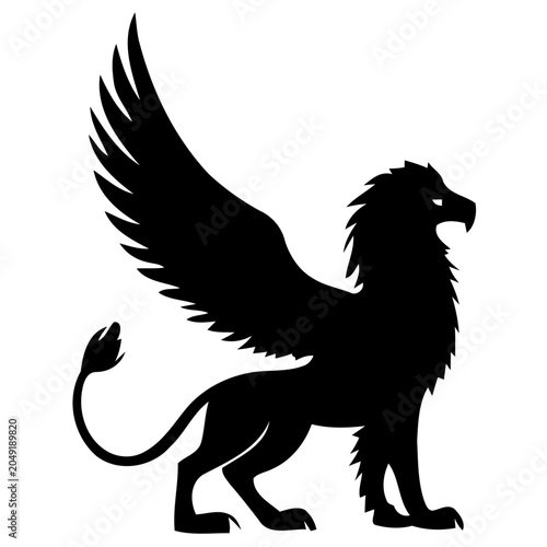 winged lion with feathered wings and shaggy mane, in a bold monochrome vector style on a white background, dramatic side-view with sharp claws and spread wings
