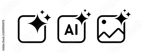 AI generated content sign set, artificial intelligence and machine learning technology symbol, generative AI icons with magic sparkle stars, vector design elements