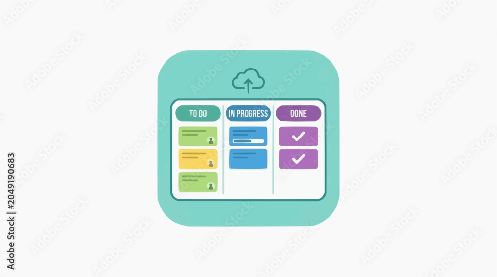 Fototapeta premium Kanban Board for Project Management: A stylized illustration of a kanban board, featuring columns for 'To Do', 'In Progress', and 'Done', with task cards and progress bars.