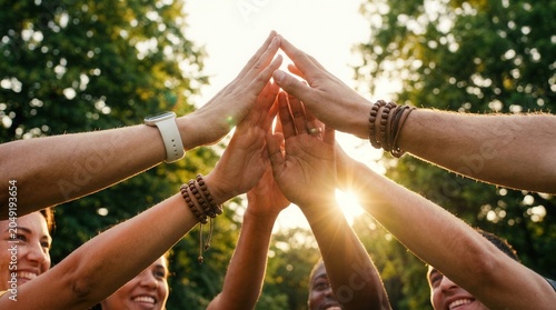 Diverse group of people reaching hands up together in the air as a concept of working together.