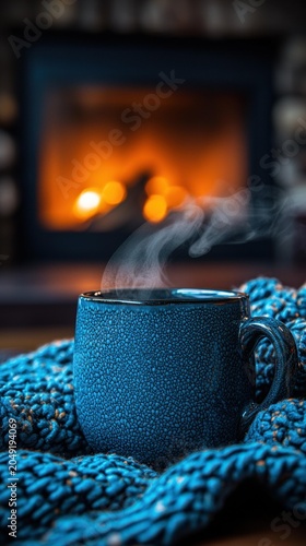A steaming mug of hot drink rests on a cozy blanket in front of a warm fireplace. AI.