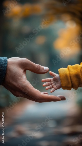 A large hand reaches out to a tiny baby hand, with a blurred natural background. AI.