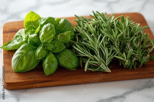 Fresh basil and rosemary are arranged on a wooden cutting board, ready for culinary use. AI.