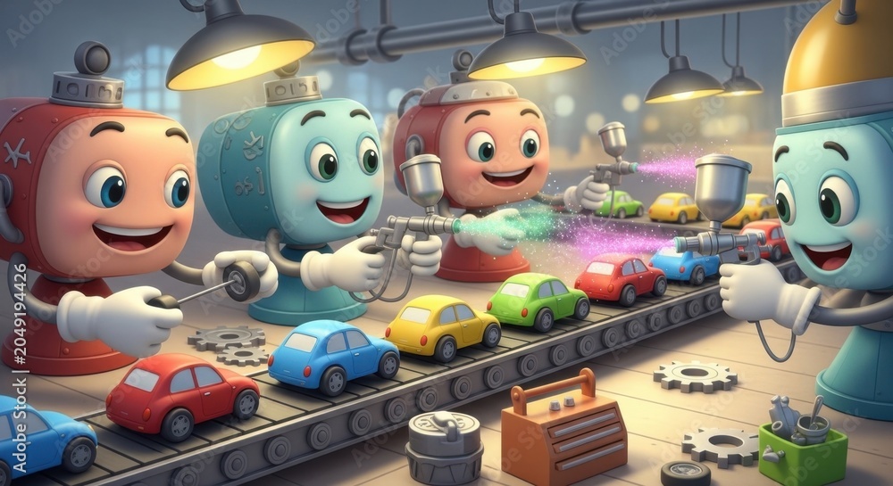 Obraz premium Friendly Robot Workers Assembling Colorful Toy Cars