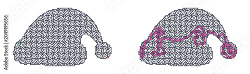 Puzzle maze in the shape of a Santa Claus hat with intricate design  