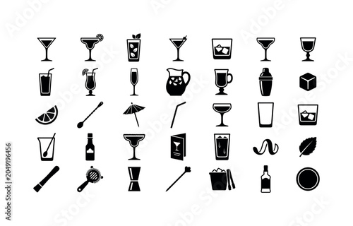 Classic Cocktail Drinks. Solid glyph icon set of classic cocktail drinks: martini glass, margarita glass, mojito glass, cosmopolitan glass, old fashioned tumbler, manhattan glass, negroni glass, long