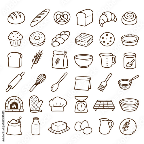 Bakery food outline symbols. Bread, baguette, pretzel, toast, croissant, donut, coffee, whisk, bowl, cake, eggs, flour, honey, and utensils fill a kitchen