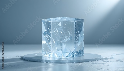 A large clear ice cube on a round platform.
