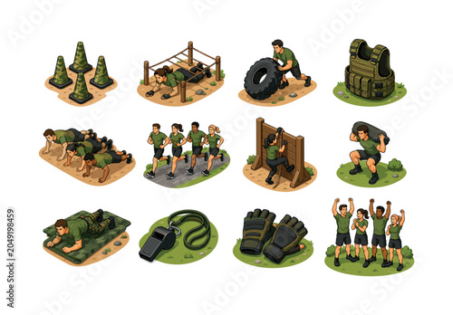 Military Style Fitness. Colorful isometric vector icons set of Military Style Fitness: camouflage training cones, rope crawl, tire obstacle, weighted vest, group push-ups, running formation, obstacle