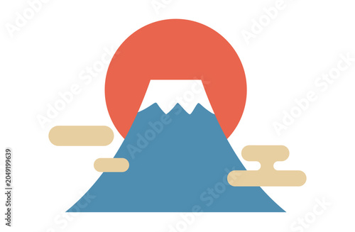 Iconic Mount Fuji with Red Sun and Clouds on a transparent background.