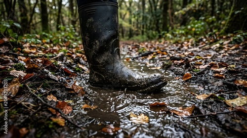 Outdoor scene of a muddy rubber boot stuck in a water puddle surrounded by dry leaves copy space