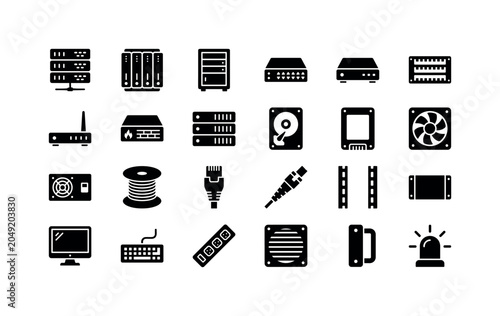 Datacenter Core Glyphs. Solid glyph icon set of server rack equipment: server rack, blade server, rack cabinet, network switch, router box, patch panel, modem unit, firewall appliance, storage array,