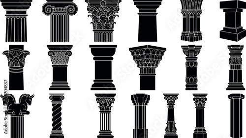Obraz na plátně Ancient Architectural Column Capitals and Pillars Silhouette Icon Set Featuring