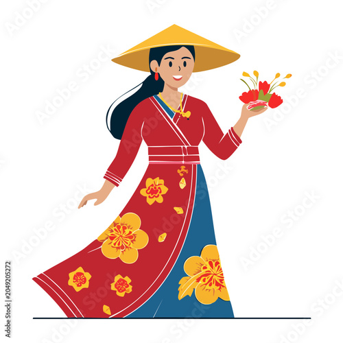 Woman in traditional Asian dress with flowers and conical hat