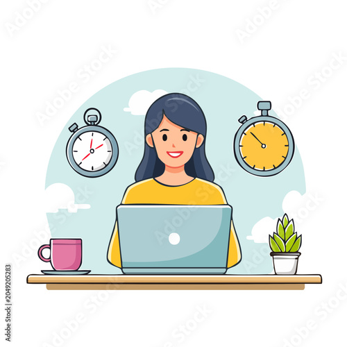 Woman working on laptop with stopwatches indicating time management