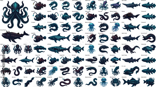 Tableau sur toile Vector illustration mega set of fantasy deep sea monsters and scary ocean creatu