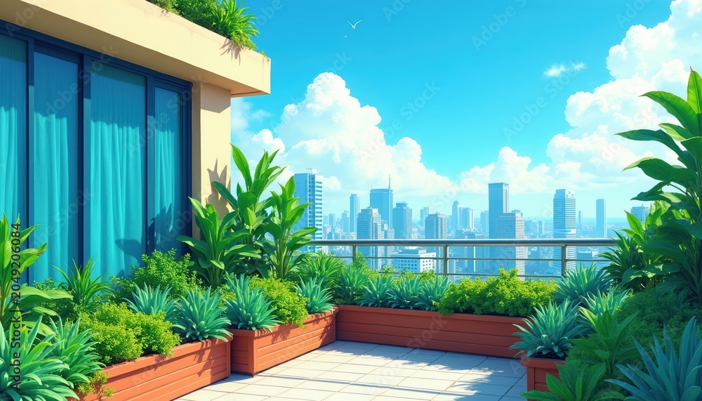 Fototapeta premium Urban rooftop terrace with potted plants and succulents. City skyline view with blue sky and clouds. Green plants adds life to modern apartment balcony.