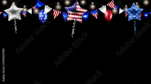 4th of july animated banner with pennants and balloons with usa flag colors
