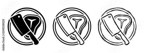 Schilderij op canvas Butcher Icons: Meat Cleaver and Steak Set, Black and White Vector Graphics for F