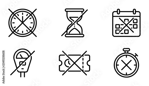 Bild auf Leinwand Prohibited Time Icons: No Clock, Hourglass, Calendar, Parking Meter, Ticket, Sto