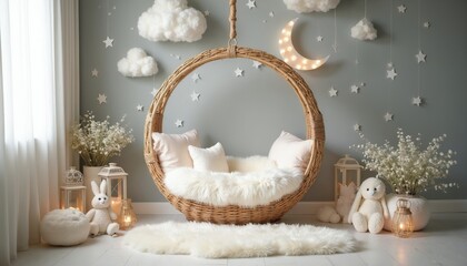 Wicker swing chair decorated with moon and stars, fluffy clouds. Newborn studio background with soft plush toys, lanterns, delicate flowers create dreamy nursery atmosphere for baby photo.