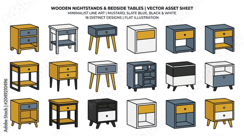 Tableau sur toile Extensive sheet of wooden nightstand and bedside table vector icons
