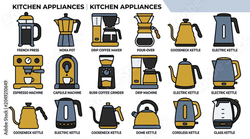 Foto Kitchen appliance icon set with coffee makers and kettles.