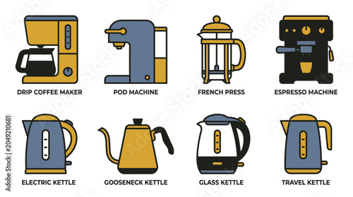 Foto Minimalist coffee machine and electric kettle vector icons.