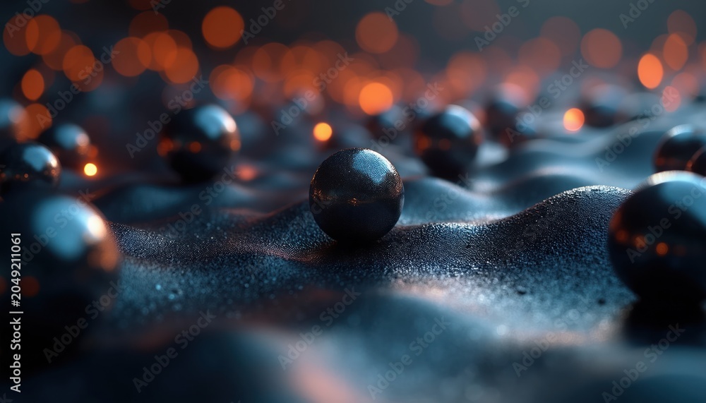 Obraz premium Dark abstract spheres on textured wavy surface. Glowing orange bokeh lights in background. Deep focus on reflective metallic balls creating a modern, dynamic composition.