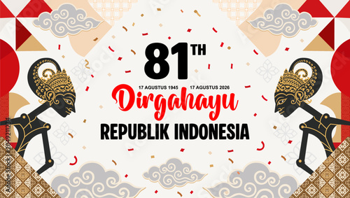 Photos 81st Indonesia Independence Day 2026 Banner Template with Traditional Wayang, Red White Celebration Theme and Elegant Typography Translation : Happy Anniversary of The Republic Of Indonesia 2026
