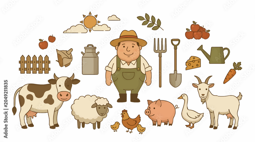 Fototapeta premium Cute Flat Design Farm Animals and Farmer with Tools and Produce, Including Cow, Sheep, Pig, Chicken, Duck, Goat, Apples, Cheese, Carrot, Watering Can, Pitchfork, Shovel, Fence, Milk Can, Sun and