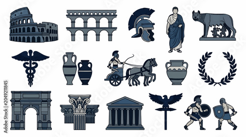 Ancient Roman Icons Collection: Colosseum, Triumphal Arch, Chariot, Gladiators, Laurel Wreath, Roman Soldier Helmet, Capitoline Wolf, Caduceus, Amphorae, Temple
