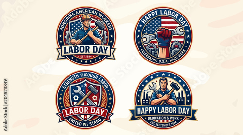 Four Labor Day Emblem Illustrations Featuring American Workers, Tools, and Patriotic Symbols, Celebrating Dedication and Hard Work