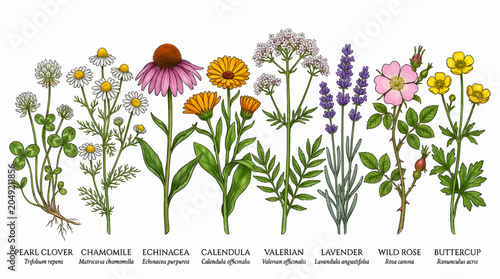 Cuadro en lienzo Collection of Medicinal Wild Flowers: Pearl Clover, Chamomile, Echinacea, Calend