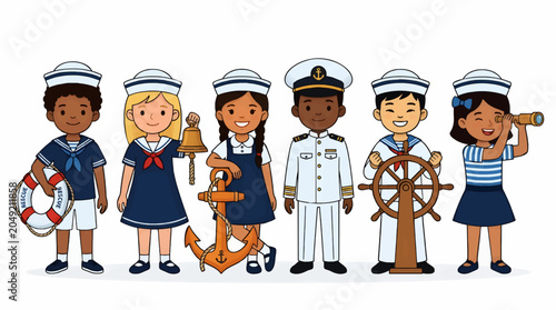 Diverse Group of Six Children in Nautical Sailor and Captain Outfits Holding Maritime Symbols, Flat Vector Illustration