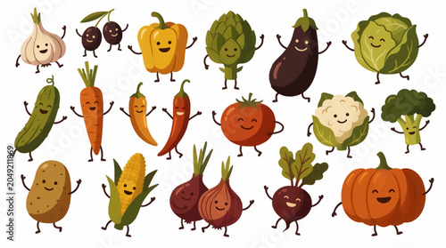 Happy Anthropomorphic Vegetables and Fruits in Flat Illustration Style, Dancing and Smiling, Isolated on White Background, Vector Graphic