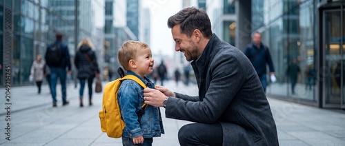 Smiling dad fixing son school backpack outdoors on sunny day