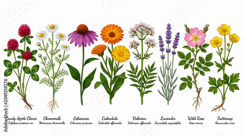 Bild auf Leinwand Collection of Medicinal Wild Flowers with Roots, Including Candy Apple Clover, C