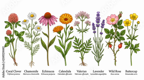 Konstfotografi Collection of Medicinal Wild Flowers and Herbs: Coral Clover, Chamomile, Echinac