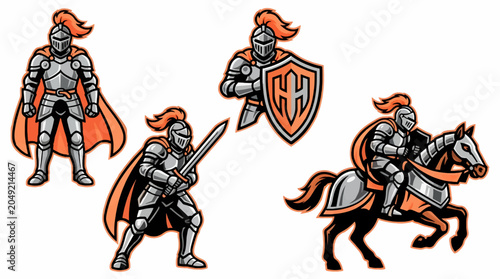 Vászonkép Collection of Flat Vector Illustrations Featuring Knights in Armor with Orange C
