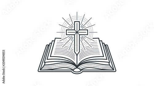 Canvastavla Open Bible and Christian Cross with Light Rays