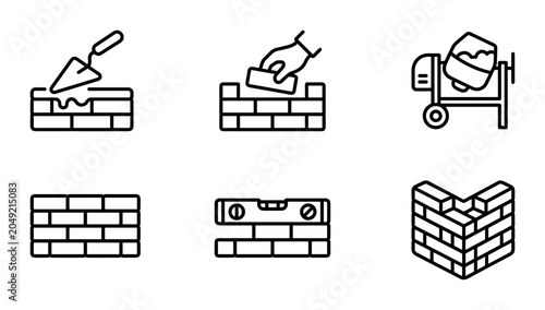 Bild auf Leinwand Construction Icons: Bricklaying, Cement Mixer, Building Tools, and Wall Elements