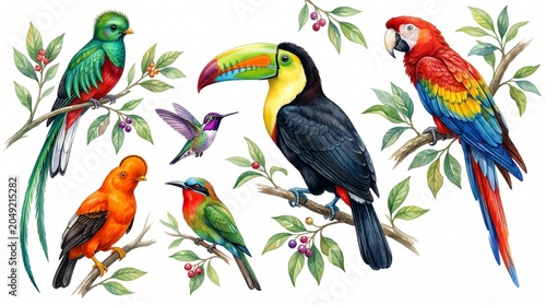 Vibrant watercolor collection of exotic birds perched on branches with leaves