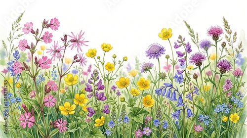 Charming watercolor illustration of a vibrant meadow brimming with diverse wildflowers
