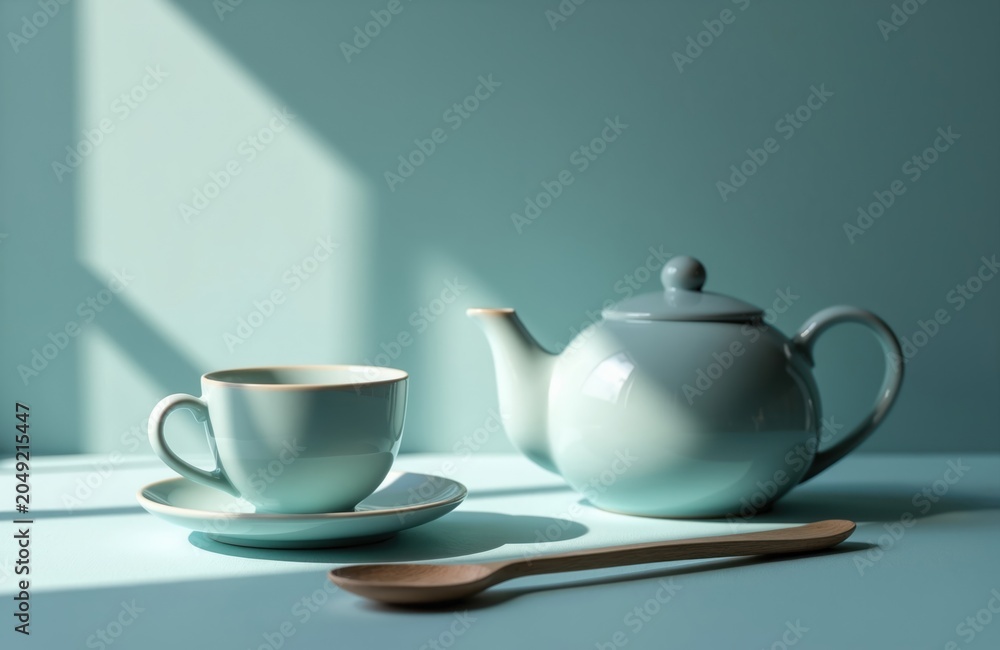 Fototapeta premium Pale blue ceramic teacup and teapot sit on table. Morning sun casts shadows through window. Wooden spoon rests nearby, suggesting calm start to day, quiet enjoyment.