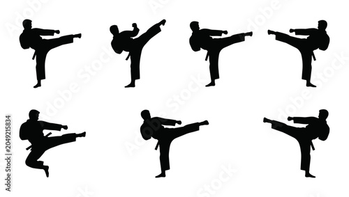 Fotografía Martial Arts Silhouette Sequence: Dynamic Karate Kicks, Action Poses, Combat Spo