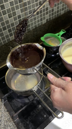 cooking chocolate liquid on the stove