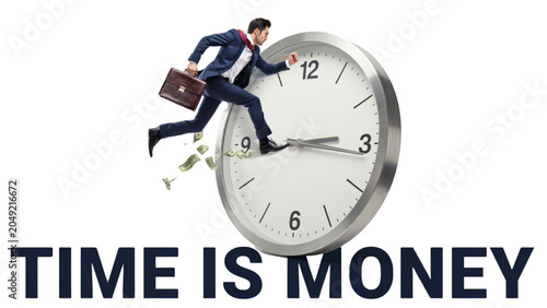 Person jumping over clock with money theme illustration Vector