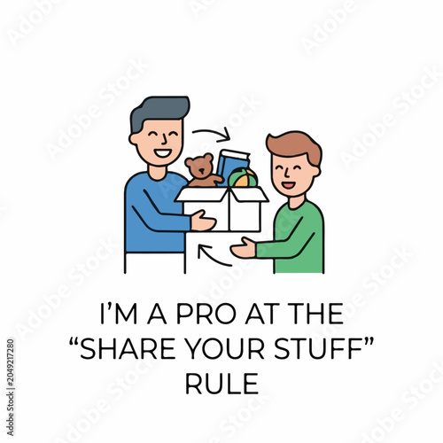 Illustration of two people sharing toys and books in a cardboard box as a concept of generosity and kindness in a flat design style